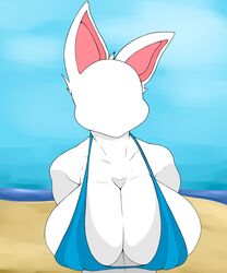 2021 animal_crossing anthro beach bikini blanca_(animal_crossing) blue_bikini breasts cat_ears cleavage cyan_bikini digital_drawing_(artwork) digital_media_(artwork) domestic_cat feline fur furry furry_only looking_at_viewer mammal nintendo no_face twitter_username white_fur