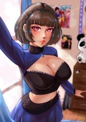 atlus big_breasts bra breasts female female_only looking_at_viewer makoto_niijima me persona persona_5 red_draws selfie shirt_lift solo tag