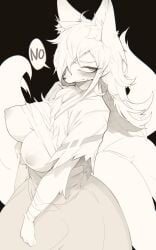 2023 3gs 5:8 anthro areola blush breasts canid canine clothed clothing dialogue digital_media_(artwork) english_text exposed_breasts female female_anthro fox fur greyscale hair hi_res kemono long_hair looking_at_viewer mammal monochrome multi_tail nipples puffy_areola solo speech_bubble tail talking_to_viewer text torn_clothing