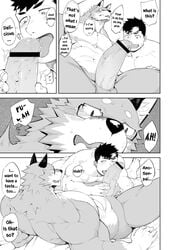 abs anthro bara big_penis blowjob blush buff canine censor_bar censored cock_worship doujinshi english_text fellatio furry gay glasses huge_cock humanoid_genitalia humanoid_penis interspecies male/male male_only manga naop naop_(anything) naop_loop pecs penis veiny_penis yaoi