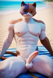 abs ai_generated beach beach_towel dick eyebrows feline fortnite fortnite:_battle_royale meowscles meowscles_(fortnite) multicolored_fur muscular muscular_male ocean sand smirk sweat sweatdrop sweating tongue_out