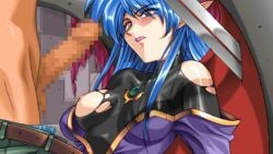 1boy black_shirt blue_hair breasts breasts_out camilla_(rance) censored clenched_teeth faceless faceless_male female game_cg kichikuou_rance large_breasts long_hair miyata_yukimi mosaic_censoring penis pointy_ears rance_(series) shirt sword teeth torn_clothes weapon