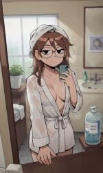 ai_generated ass bigmic145 bra breasts brown_hair cleavage clothed clothed_female clothing female female_only glasses julie_powers messy_hair naked_robe netflix open_robe robe scott_pilgrim scott_pilgrim_takes_off see-through solo_female wet