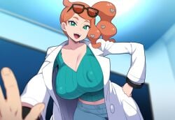 1boy 1boy1girl ai_generated breasts_bigger_than_head covered_nipples female glasses huge_breasts imminent_sex labcoat laboratory large_breasts mullon novelai orange_hair pokemon pokemon_ss ponytail pov smile sonia_(pokemon)