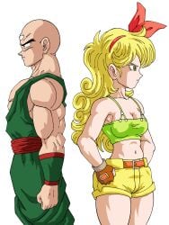 1boy 1girls 3_eyes bad_launch bald black_eyebrows black_eyes blonde_female blonde_hair curly_hair curvy_hair dark_green_bracelets dragon_ball dragon_ball_z female green_bracelet green_bracelets green_eyes green_pants green_top hand_on_hip launch lunch_(dragon_ball) male red_belt red_ribbon_in_hair tenshinhan tien_shinhan yamidanight yellow_shorts