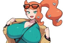 ai_generated breasts_bigger_than_head female glasses huge_breasts large_breasts mullon novelai orange_hair pokemon pokemon_ss ponytail smile sonia_(pokemon)