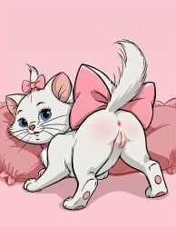 ai_generated ass blue_eyes female marie_(aristocats) pussy ribbon ribbon_in_hair solo the_aristocats white_fur