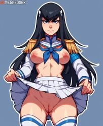 ai_generated ass_visible_through_thighs black_hair blue_background blue_eyes breasts clothes_lift cowboy_shot epaulettes female frown junketsu kill_la_kill kiryuuin_satsuki lifted_by_self long_hair long_sleeves looking_at_viewer medium_breasts megasonek navel nipples no_panties patreon_username pleated_skirt pussy school_uniform simple_background skirt skirt_lift solo thick_eyebrows thighhighs uncensored watermark white_skirt white_thighhighs