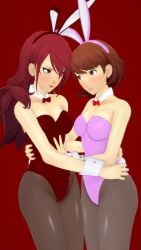 2girls atlus breasts brown_hair bunny_ears bunnysuit female female_only makoto_justice mitsuru_kirijo persona persona_3 red_eyes red_hair yukari_takeba