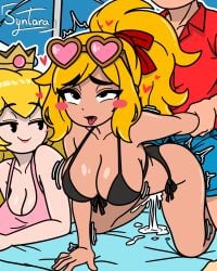 1boy 2d 2d_(artwork) 2girls ahe_gao beach big_breasts bikini blonde_hair blush breasts busty crown cum_leaking cumming female goombella grabbing_from_behind half_closed_eyes hawaiian_shirt heart heart-shaped_glasses hearts_around_head iamsyntara male mario mario_(series) midriff motion_lines multiple_girls nintendo paper_mario paper_mario:_the_thousand-year_door pink_lipstick pink_topwear ponytail princess_peach red_ribbon sand sex sex_from_behind simple_background simple_coloring simple_shading swimwear tank_top teamwork threesome tongue_out towel watching_sex