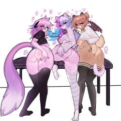 3girls animation_meme_community bell_collar big_ass blush eddie_guns focus_on_ass fur furry furry_female furry_only hand_on_butt hazel_(typh) heart_symbol nova_(dexechii) piercing pussy sashley stockings table tail wings