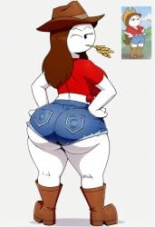 ai_generated big_breasts boots comparing cowboy_hat cowgirl cowgirl_outfit denim_shorts farmgirl huge_ass let_me_explain_studios rebecca_parham reference_image straw_in_mouth thick_thighs tied_shirt wheat_in_mouth wink winking_at_viewer