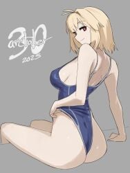 absurdres ahoge antenna_hair arcueid_brunestud ass ass_focus back blonde_hair breasts dated female hair_intakes highres jonyeld looking_at_viewer looking_back medium_breasts one-piece_swimsuit one_piece_swimsuit presenting_hindquarters red_eyes short_hair sideboob smile solo swimsuit tsukihime