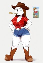 ai_generated big_breasts boots comparing cowboy_hat cowgirl cowgirl_outfit denim_shorts farmgirl huge_ass let_me_explain_studios rebecca_parham reference_image straw_in_mouth thick_thighs tied_shirt wheat_in_mouth wink winking_at_viewer