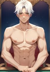 ai_assisted ai_couture ai_generated blush convenient_censoring embarrassed embarrassed_nude_male enm final_fantasy final_fantasy_xiv hyur lost_bet lost_clothes male male_only muscular_male square_enix strip_mahjong thancred_waters white_hair