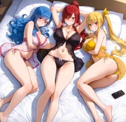 1girls 3girls ai_generated alex-schura arm_under_breasts armpits arms_behind_head arms_under_breasts arms_up ass asymmetrical_hair babydoll bangs bare_arms bare_legs bare_shoulders barefoot bed bed_sheet black_clothes black_panties black_underwear blonde_hair blue_eyes blue_hair blush bow bra breast_hold breasts brown_eyes cellphone clavicle cleavage closed_mouth clothing crossed_arms curvaceous curvaceous_female curvaceous_figure curvy curvy_figure dress erza_scarlet fairy_tail feet female female_focus female_only frills grin hair_between_eyes hair_ornament hair_ribbon halterneck indoors inviting inviting_to_sex juvia_lockser large_breasts legs lingerie long_hair looking_at_viewer lucy_heartfilia lying multiple_girls navel nightgown on_back on_bed on_side orange_eyes pantsu parted_lips phone pillow pink_panties ponytail presenting presenting_ass presenting_breasts presenting_hindquarters red_eyes red_hair ribbon seductive seductive_look seductive_smile see-through side-tie_panties sidelocks sleepwear sleeveless smartphone smile stomach string_panties take_your_pick thighs tied_hair toes twintails underwear voluptuous voluptuous_female