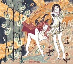 2girls abstract ashleyl00b cityscape clouds naked night original original_characters