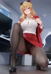 1girls absurd_res ai_generated aroused black_panties bra bra_visible_through_clothes business_suit business_woman button_gap from_below granblue_fantasy high_heels laced_panties laced_underwear large_breasts legs_apart liu_(artist) miniskirt office_clothing office_lady on_floor on_knees panties pantyhose presenting presenting_panties presenting_pussy seductive seductive_pose smirk smug solo solo_female stiletto_heels suit thick_thighs undressing vira_(granblue_fantasy) vira_lillie voluptuous voluptuous_female white_shirt