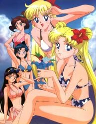 1990s_(style) 5girls alluring ami_mizuno beach bikini bishoujo_senshi_sailor_moon black_hair blonde_hair blue_eyes blue_hair blue_sky brown_hair cleavage green_eyes hair_flower hibiscus itou_ikuko long_hair makoto_kino minako_aino ocean one-piece_bikini pareo purple_eyes rei_hino retro_artstyle sarong short_hair sunglasses_on_head usagi_tsukino