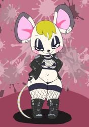 animal_crossing anthro bella_(animal_crossing) big_hair bikini black_bikini black_boots black_clothing black_eyes black_eyeshadow black_footwear black_swimwear black_topwear blonde_hair boots breasts buckteeth cigarette cigarette_in_mouth clothed clothing collar dipstick_ears ear_markings ear_piercing eyeshadow female fishnet_clothing fishnet_legwear fishnet_topwear footwear freckles front_view fur genitals grey_body grey_fur hair hand_in_pocket hands_in_both_pockets hi_res hip_tattoo legwear looking_at_viewer makeup mammal mouse multicolored_ears murid murine navel nintendo object_in_mouth open_clothing open_topwear piercing pink_background pockets pussy pussy_peek rodent rosy_cheeks shoes short_stack simple_background small_breasts smile solo spiked_collar spikes swimwear tattoo teeth thick_thighs topwear two-piece_swimsuit vono white_body white_fur wide_hips