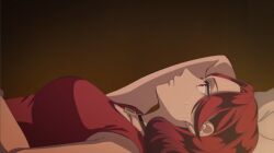 breasts dress female highres large_breasts long_hair looking_up lying_on_back lying_on_bed raise_wa_tanin_ga_ii red_dress red_eyes red_hair solo somei_yoshino_(raise_wa_tanin_ga_ii)