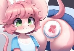 1girls ai_generated anthro ass blush buttplug close-up cub embarrassed female furry furry_only fuzzle fuzzleedits_(artist) green_eyes hi_res innie_pussy mouse mouse_ears mouse_tail pink_hair pussy rear_view rodent smile young