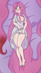 clothed dakimakura dakimakura_design digital_media_(artwork) eyelashes fan_character female female_only grey_eyes hi_res light-skinned_female light_skin long_hair medium_breasts megumipan616 milf nipples nipples_visible_through_clothing one_breast_out original_character pajamas panties pink_hair queen red_hair showing_panties smile star_vs_the_forces_of_evil two_tone_hair underwear very_long_hair very_very_very_long_hair