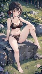 1girls ai_generated arm_support bangs bare_arms bare_legs bare_shoulders barefoot black_bra black_hair black_panties blush bow bow_bra bow_panties bra breasts bush cleavage closed_mouth collarbone day feet flower forest full_body grass hair_bun hair_ribbon hand_on_own_knee kaguya-sama_wa_kokurasetai_~tensai-tachi_no_renai_zunousen~ knee_up lace-trimmed_bra lace_trim large_breasts legs lingerie looking_at_viewer medium_breasts natsuyoru nature navel outdoors panties parted_lips red_eyes red_ribbon ribbon rock shinomiya_kaguya short_hair short_ponytail sidelocks single_hair_bun sitting sitting_on_rock solo stomach string_bra thighs toenails toes tree underwear underwear_only