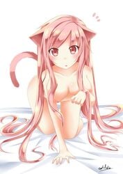 1girls all_fours breasts cat_ears catstudioinc_(punepuni) female looking_at_viewer nipples nude original pink_eyes pink_hair puni_(miku_plus) solo surprised