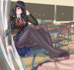 1boy 1girls balls big_breasts black_hair black_legwear blush breasts classroom clothed_female date_a_live desk feet female femdom foot_fetish footjob footjob_with_legwear hair_over_one_eye large_breasts male on_desk pantyhose pantyshot penis pubic_hair raizen_high_school_uniform school school_uniform schoolgirl sitting skirt straight testicles toes tokisaki_kurumi trample white_panties xzhz1996