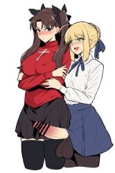 2girls ahoge artoria_pendragon_(fate) bar_censor black_ribbon black_skirt black_thighhighs blonde_hair blue_eyes blue_ribbon blue_skirt blush braid breasts brown_hair brown_thighhighs censored covered_nipples cropped_legs crossed_arms eyebrows_hidden_by_hair fate/grand_order fate/hollow_ataraxia fate/stay_night fate_(series) full-face_blush futanari hair_ribbon hand_on_another's_waist highres large_breasts looking_at_another mochiume multiple_girls naughty_face open_mouth red_shirt ribbon saber_(fate) shirt simple_background skirt small_breasts sweatdrop thighhighs tohsaka_rin twintails white_background