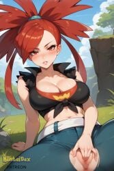 ai_generated anus arm_support bangs belt black_shirt blush breasts cleavage cloud collarbone crop_top day female female_masturbation fingering flannery_(pokemon) grass hentaidex hentaidexfuta large_breasts long_hair looking_at_viewer masturbation midriff navel outdoors pants parted_lips patreon patreon_username ponytail pussy red_eyes red_hair rock shirt sitting sky sleeveless solo spread_legs tied_shirt torn_clothes torn_pants uncensored