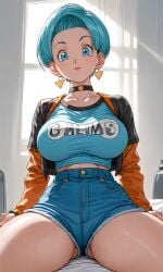 ai_generated blue_eyes blue_hair breasts bulma_briefs choker dragon_ball dragon_ball_z earrings fbps35 short_hair short_shorts thick_thighs