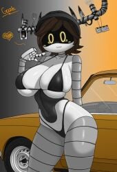 1girls :3 alice_(murder_drones) antlers black_underwear blush brown_hair car female heart helmet murder_drones robot robot_girl robot_humanoid screen screen_face short_hair solo solo_female underwear white_body yellow_eyes zhenyagazin