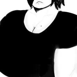 1girls big_breasts black_hair breasts clothing female female_focus female_only huge_breasts mole mole_on_breast monochrome muscular muscular_female oc short_hair solo solo_female solo_focus t-shirt unknownbag
