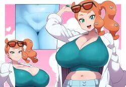 ai_generated breasts_bigger_than_head cameltoe cleavage female glasses huge_breasts large_breasts mullon novelai orange_hair pokemon pokemon_ss ponytail smile sonia_(pokemon)