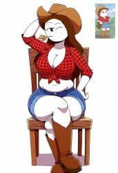 ai_generated big_breasts boots comparing cowboy_hat cowgirl cowgirl_outfit crossed_legs denim_shorts farmgirl huge_ass let_me_explain_studios rebecca_parham reference_image sitting straw_in_mouth thick_thighs tied_shirt tummy wheat_in_mouth wink winking_at_viewer