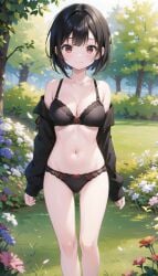 1girls ai_generated ass_visible_through_thighs bangs bare_legs bare_shoulders black_bra black_hair black_jacket black_panties blush bow bow_bra bow_panties bra breasts bush cleavage closed_mouth collarbone day feet_out_of_frame flower grass groin jacket kaguya-sama_wa_kokurasetai_~tensai-tachi_no_renai_zunousen~ lace-trimmed_bra lace-trimmed_panties lace_trim lingerie long_sleeves looking_at_viewer medium_breasts natsuyoru nature navel off_shoulder open_clothes open_jacket outdoors panties petals red_eyes red_flower shinomiya_kaguya short_hair sleeves_past_wrists smile solo standing stomach string_bra thighs tree underwear