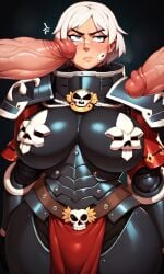 2boys adepta_sororitas ai_generated annoyed armor big_breasts big_penis daidouji_(artist) daidoujipv female gigantic_penis multiple_boys multiple_penises offscreen_character penis_against_cheek penis_against_face penis_awe short_hair sister_of_battle standing warhammer_(franchise) warhammer_40k white_hair wide_hips