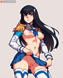 ai_generated ass_visible_through_thighs black_hair blue_eyes blue_skirt breasts cleft_of_venus clothes_lift cowboy_shot epaulettes female frown kill_la_kill kiryuuin_satsuki lifted_by_self long_hair long_sleeves looking_at_viewer medium_breasts megasonek navel nipples no_panties patreon_username pleated_skirt pussy school_uniform simple_background skirt skirt_lift solo thick_eyebrows thighhighs uncensored watermark