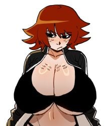 1girls big_breasts black_eyes black_underwear blush female freckles freckles_on_breasts freckles_on_face hentae(artist) jacket kim_pine light-skinned_female light_skin open_clothes open_jacket partially_clothed red_hair scott_pilgrim short_hair solo solo_female underwear