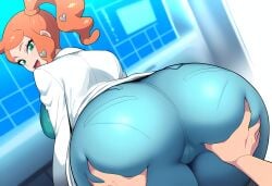 1boy ai_generated ass ass_grab big_ass breasts_bigger_than_head dat_ass female glasses huge_ass huge_breasts jeans labcoat laboratory large_breasts mullon novelai orange_hair pokemon pokemon_ss ponytail pov sonia_(pokemon) that_ass_was_fat