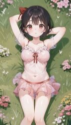 1girls ai_generated armpits arms_behind_head arms_up ass_visible_through_thighs bangs bare_shoulders bikini black_hair blush bow breasts brown_eyes cleavage closed_mouth collarbone covered_navel feet_out_of_frame flower frills grass hair_ribbon hairbow kaguya-sama_wa_kokurasetai_~tensai-tachi_no_renai_zunousen~ looking_at_viewer lying medium_breasts miniskirt natsuyoru navel on_back on_grass outdoors panties parted_lips pink_bikini pink_flower pink_skirt red_bow red_eyes red_ribbon ribbon rose see-through see-through_sleeves shinomiya_kaguya short_hair short_sleeves skirt solo spaghetti_strap stomach swimsuit thigh_gap thighs underwear