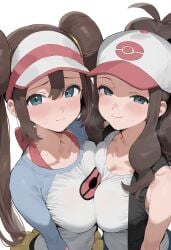 2girls ai_generated breast_press breasts hilda_(pokemon) hitsuki_sub pokemon pokemon_bw pokemon_bw2 rosa_(pokemon) symmetrical_docking tagme