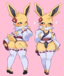 1female 1girls :3 :d anthro anthrofied ass cleavage cute eeveelution female furry generation_1_pokemon huge_breasts jolteon looking_at_viewer looking_back medium_breasts nintendo pokemon trenchcoat