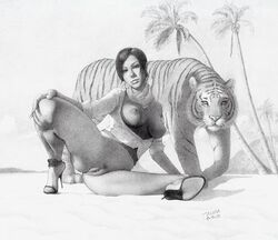 ass black_and_white breasts breasts_out feline female high_heels human large_breasts monochrome partially_clothed presenting presenting_pussy pubic_hair pussy short_hair tabusa thick_thighs tiger