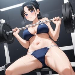 ai_generated bench_press bikini blush gym markofores sweat sweating