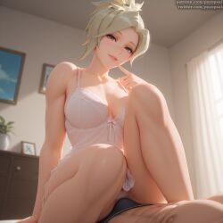 1boy 1girls ai_generated artist_name big_breasts blizzard_entertainment blonde_hair blue_eyes boobs breasts clothed clothing colored covered_nipples curvy digital_media_(artwork) female female_focus female_only fit_female front_view legs_apart legs_spread lingerie mercy nightgown nipples overwatch panties psyopsai sitting skirt solo_focus spread_legs teasing uncensored underwear watermark