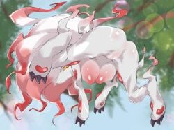 3_claws 3_toes animal_humanoid big_breasts breasts canid canid_humanoid canine canine_humanoid claws feet female fox_humanoid fukuinu fur generation_9_pokemon ghost grey_body grey_fur hisuian_form hisuian_zoroark huge_breasts humanoid jumping long_mane mammal mammal_humanoid mane multicolored_body multicolored_fur multicolored_mane nintendo nipples pawpads paws plant pokemon pokemon_(species) raised_leg rear_view red_aura red_body red_eyes red_fur red_nipples regional_form_(pokemon) solo spirit suspended_in_midair toe_claws toes tree white_body white_fur yellow_sclera zoroark