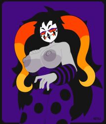 1girls big_breasts black_hair breasts chahut_maenad clothing female gray_body gray_skin grey_body grey_skin hand_on_breast hiveswap homestuck horn horns juggalo long_hair looking_at_viewer nekuzx nipples orange_sclera smile solo solo_female topless